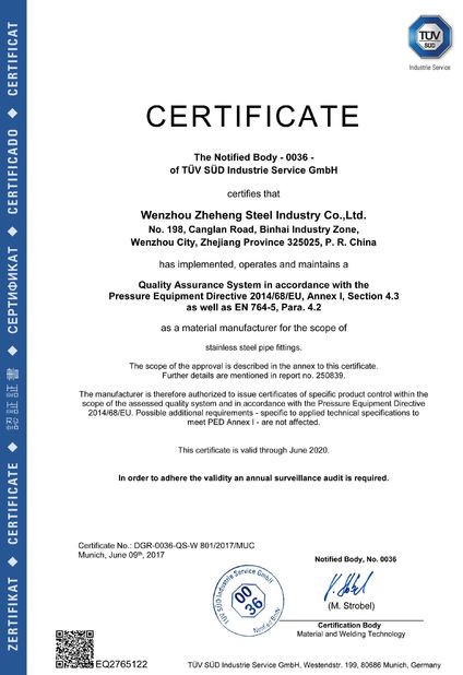 Porcellana WENZHOU ZHEHENG STEEL INDUSTRY CO;LTD Certificazioni